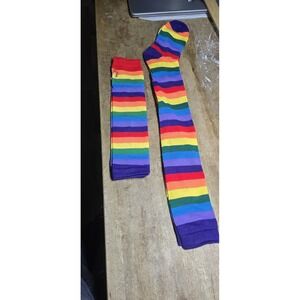 Women Over Knee Rainbow High Thigh Long Socks Arm Warmer Fingerless Gloves Set